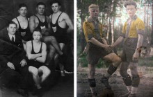 Zapaśnicy (grubiorze) Koła Atletycznego "Ruch" w Boguszowicach - 1932 i piłkarze KS Szyby Jankowice - 1936